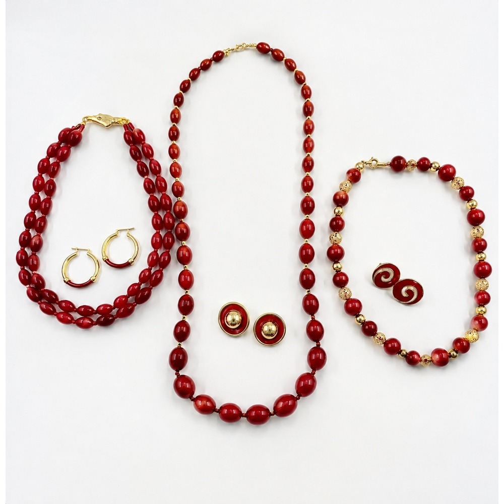 Vintage Napier Monet Red Bead Jewelry Lot Gold Tone Necklaces Pierced Earrings